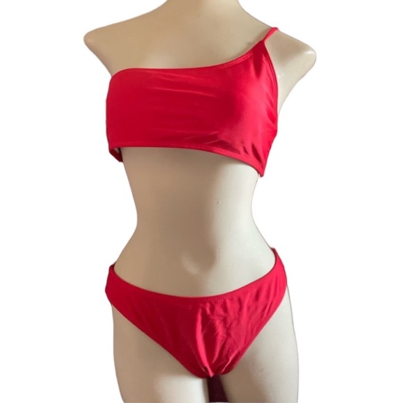 Ribbed One Shoulder Bikini 2 piece swimsuit bathing suit red size medium padded* - Picture 10 of 10